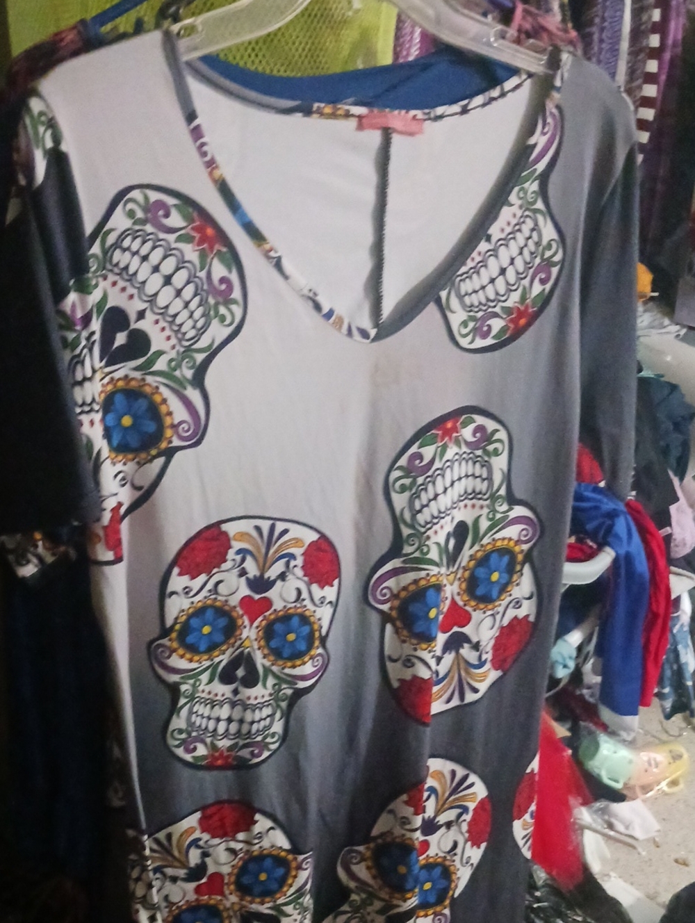 Gray Sugar Skull V-Neck Tunic with Colorful Floral Accents